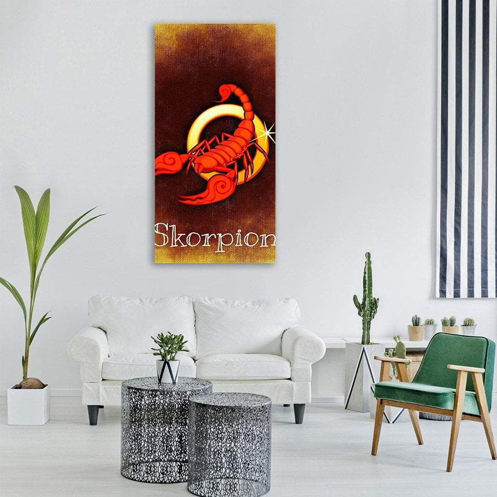 Skorpion Zodiac Illustration (scorpio) Vertical Canvas Wall Art in brown, gold and red, single vertical panel hung on a wall