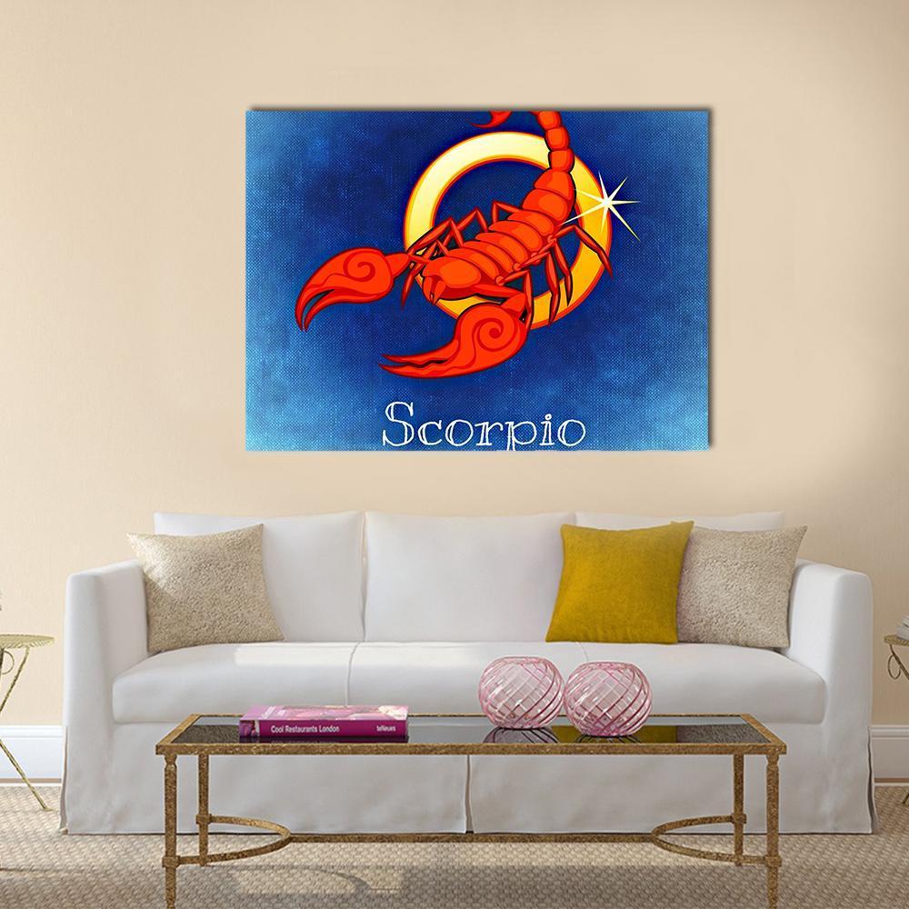 Scorpio Zodiac Sign Canvas Wall Art in red, yellow and blue, single panel hung on a wall