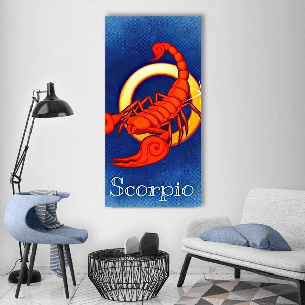 Scorpio Zodiac Sign Vertical Canvas Wall Art in orange, yellow and blue, single vertical panel hung on a wall