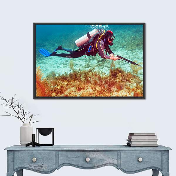 Scuba Diver Near Coral Bottom Canvas Wall Art-1 Piece-Floating Frame-24" x 16"-Tiaracle