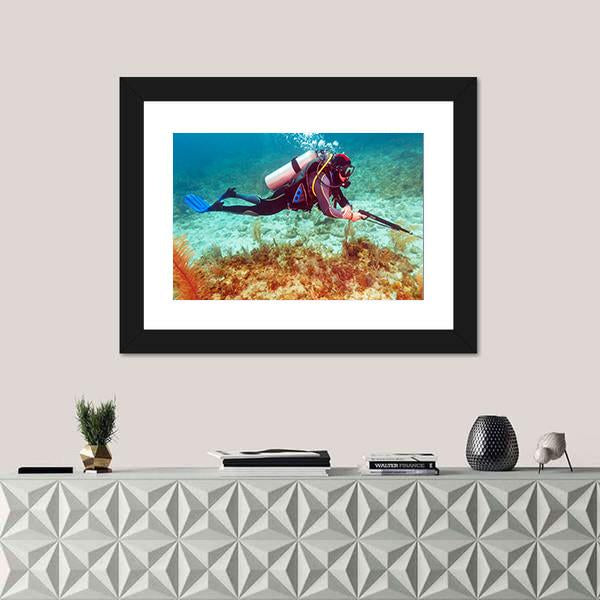 Scuba Diver Near Coral Bottom Canvas Wall Art-1 Piece-Framed Print-20" x 16"-Tiaracle
