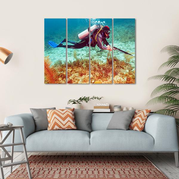 Scuba Diver Near Coral Bottom Canvas Wall Art-4 Horizontal-Gallery Wrap-34" x 24"-Tiaracle