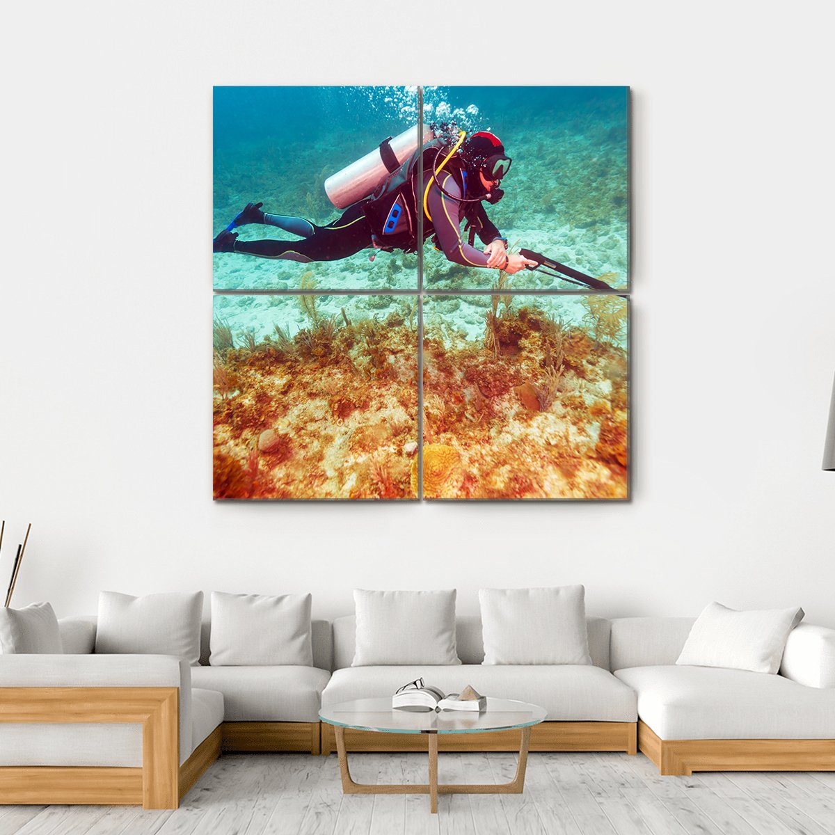 Scuba Diver Near Coral Bottom Canvas Wall Art-4 Square-Gallery Wrap-17" x 17"-Tiaracle