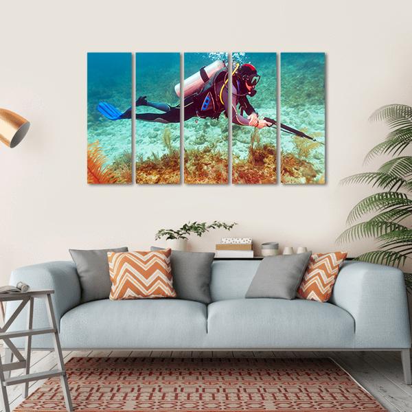 Scuba Diver Near Coral Bottom Canvas Wall Art-5 Horizontal-Gallery Wrap-22" x 12"-Tiaracle