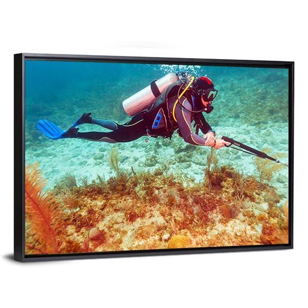 Scuba Diver Near Coral Bottom Canvas Wall Art-3 Horizontal-Gallery Wrap-25" x 16"-Tiaracle