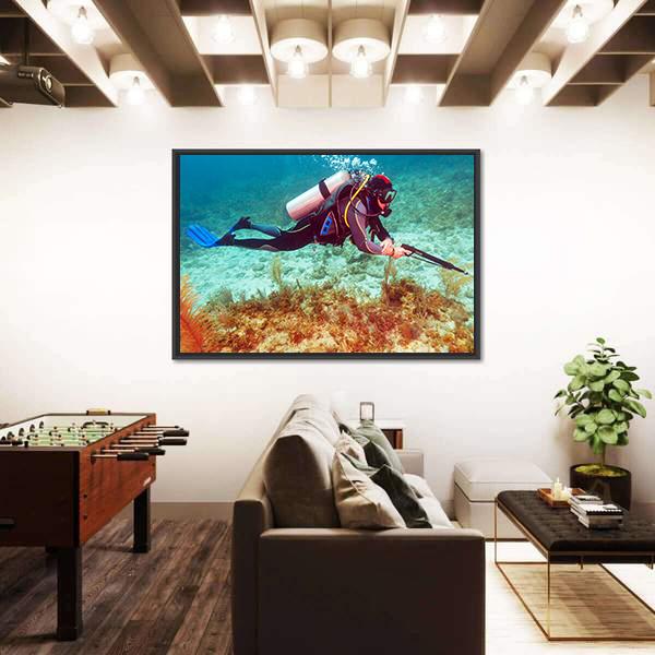 Scuba Diver Near Coral Bottom Canvas Wall Art-3 Horizontal-Gallery Wrap-25" x 16"-Tiaracle