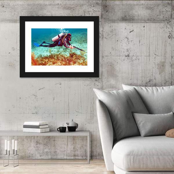 Scuba Diver Near Coral Bottom Canvas Wall Art-3 Horizontal-Gallery Wrap-25" x 16"-Tiaracle
