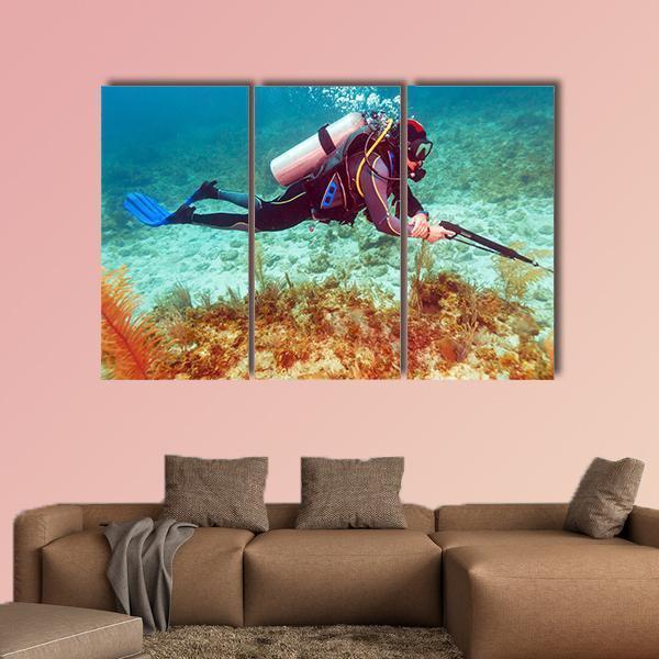 Scuba Diver Near Coral Bottom Canvas Wall Art-3 Horizontal-Gallery Wrap-37" x 24"-Tiaracle