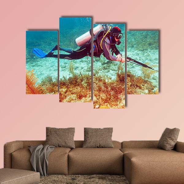 Scuba Diver Near Coral Bottom Canvas Wall Art-4 Pop-Gallery Wrap-50" x 32"-Tiaracle