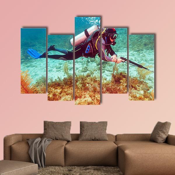Scuba Diver Near Coral Bottom Canvas Wall Art-5 Pop-Gallery Wrap-47" x 32"-Tiaracle