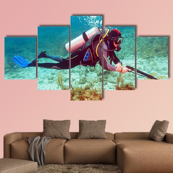 Scuba Diver Near Coral Bottom Canvas Wall Art-5 Star-Gallery Wrap-62" x 32"-Tiaracle