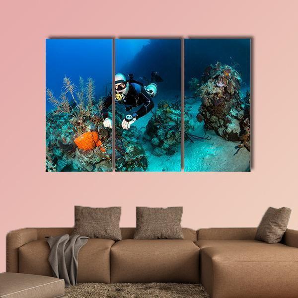 Scuba Diver On A Tropical Coral Reef Canvas Wall Art-3 Horizontal-Gallery Wrap-37" x 24"-Tiaracle