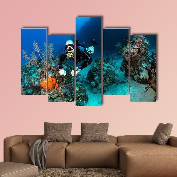 Scuba Diver On A Tropical Coral Reef Canvas Wall Art-5 Pop-Gallery Wrap-47" x 32"-Tiaracle