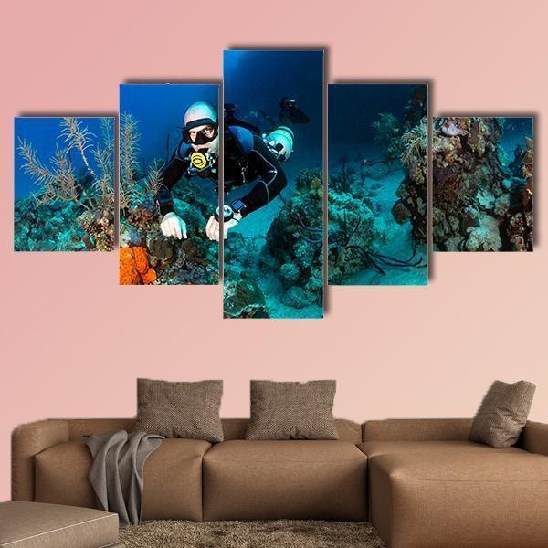 Scuba Diver On A Tropical Coral Reef Canvas Wall Art-5 Star-Gallery Wrap-62" x 32"-Tiaracle