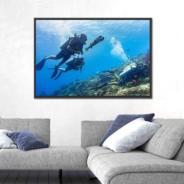 Scuba Diving At Coral Reef Panoramic Canvas Wall Art-1 Piece-36" x 12"-Tiaracle