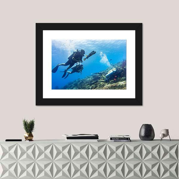 Scuba Diving At Coral Reef Panoramic Canvas Wall Art-1 Piece-36&quot; x 12&quot;-Tiaracle