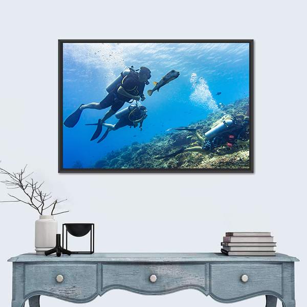 Scuba Diving At Coral Reef Panoramic Canvas Wall Art-1 Piece-36" x 12"-Tiaracle