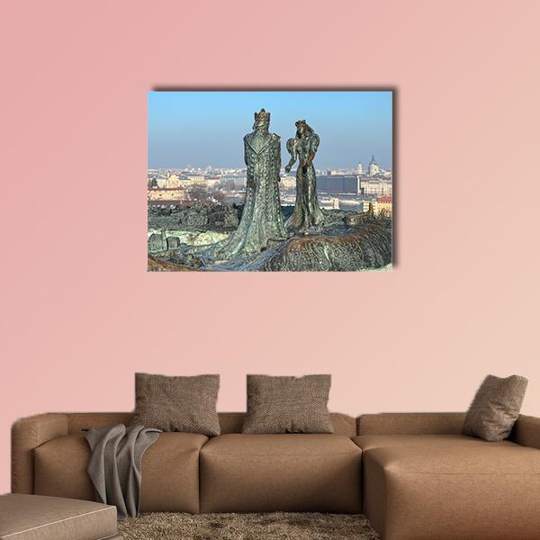 Prince Buda and Princess Pest Sculpture Canvas Wall Art in gray and blue, single panel hung on a wall
