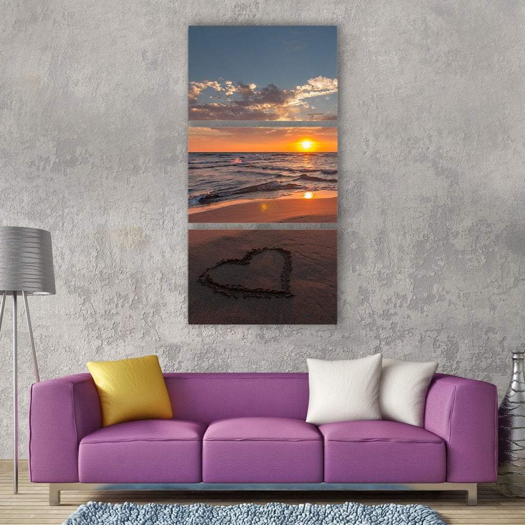 Sea Background With Heart Love On Beach Vertical Canvas Wall Art-3 Vertical-Gallery Wrap-12" x 25"-Tiaracle