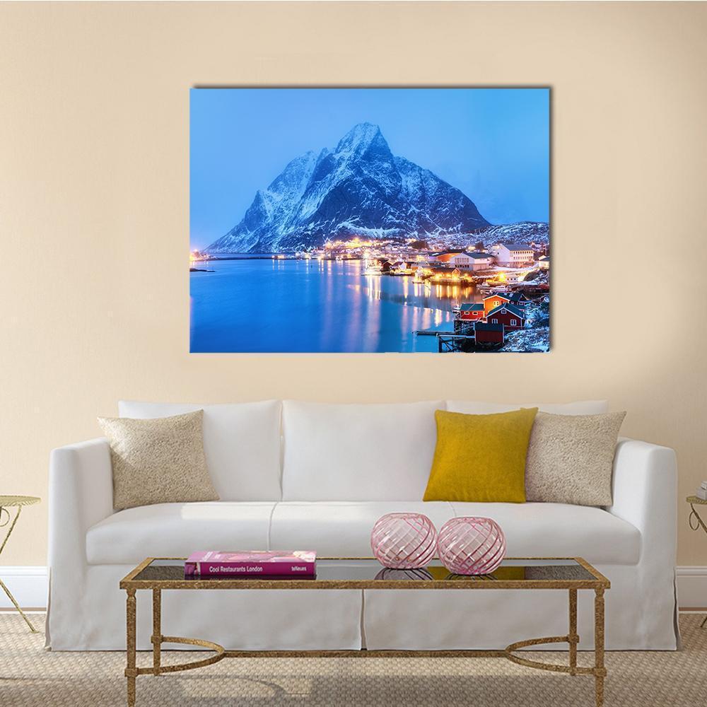 Lofoten Bay with Snow-covered Peaks Canvas Wall Art in white and blue, single panel hung on a wall