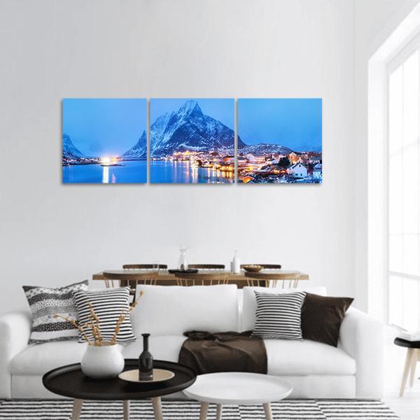 Lofoten Sea Bay at Twilight Panoramic Canvas Wall Art in white and blue, hung on a wall