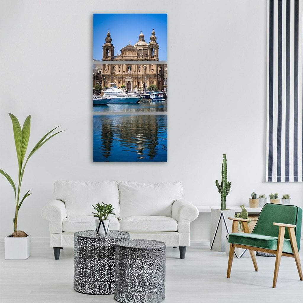 Sea Boat In Front Of Church In Malta Vertical Canvas Wall Art-3 Vertical-Gallery Wrap-12" x 25"-Tiaracle