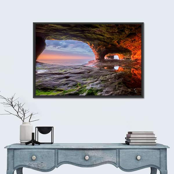 Sea Cave Radiate A Red From The Sun Setting Canvas Wall Art-1 Piece-Floating Frame-24" x 16"-Tiaracle
