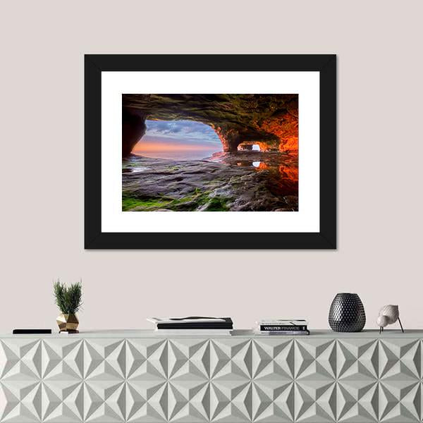 Sea Cave Radiate A Red From The Sun Setting Canvas Wall Art-1 Piece-Framed Print-20" x 16"-Tiaracle