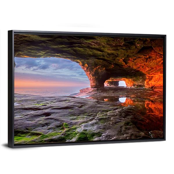 Sea Cave Radiate A Red From The Sun Setting Canvas Wall Art-3 Horizontal-Gallery Wrap-25" x 16"-Tiaracle