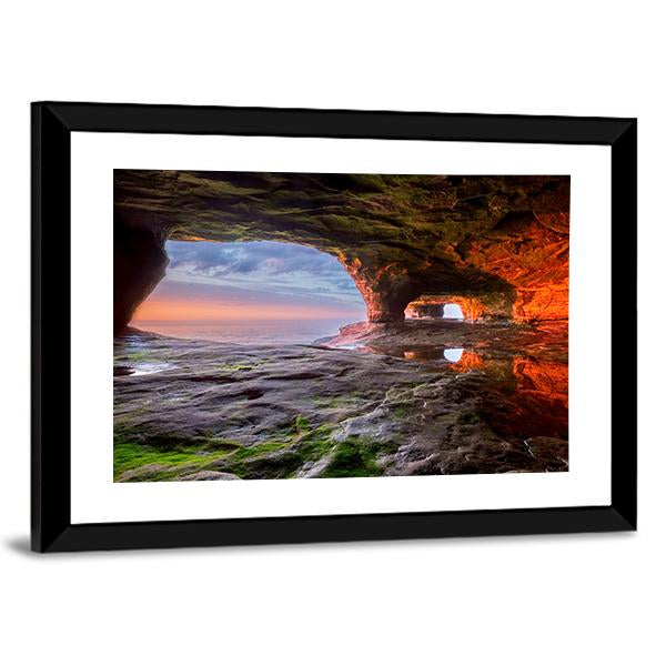 Sea Cave Radiate A Red From The Sun Setting Canvas Wall Art-3 Horizontal-Gallery Wrap-25" x 16"-Tiaracle