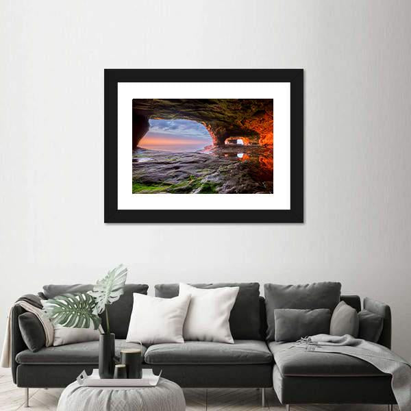 Sea Cave Radiate A Red From The Sun Setting Canvas Wall Art-3 Horizontal-Gallery Wrap-25" x 16"-Tiaracle