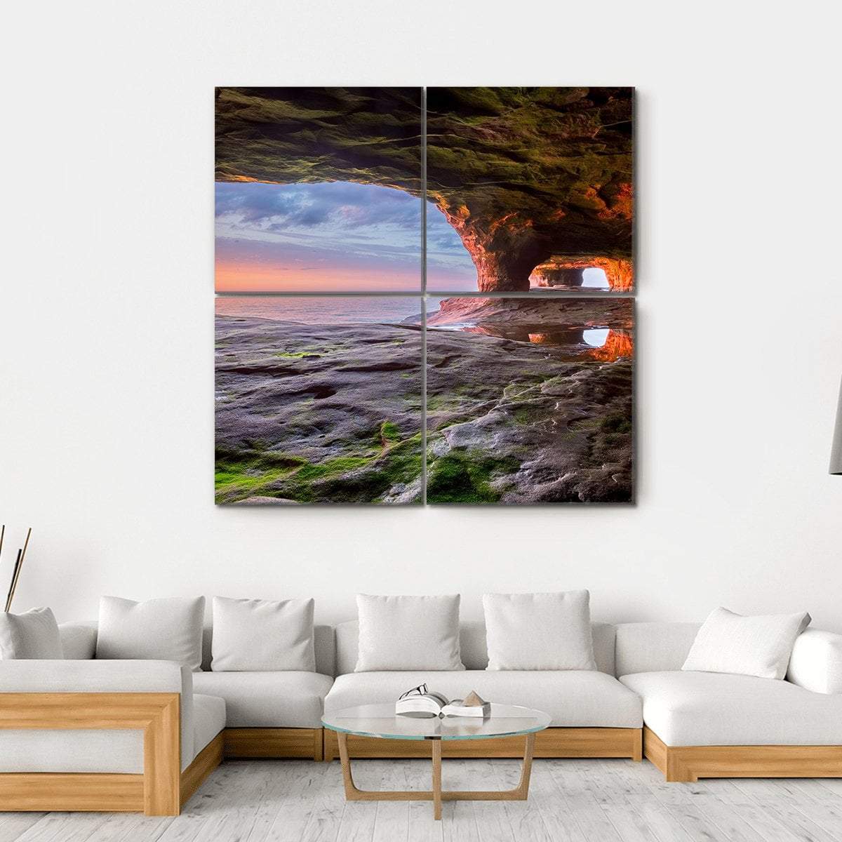 Sea Cave Radiate A Red From The Sun Setting Canvas Wall Art-4 Square-Gallery Wrap-17" x 17"-Tiaracle