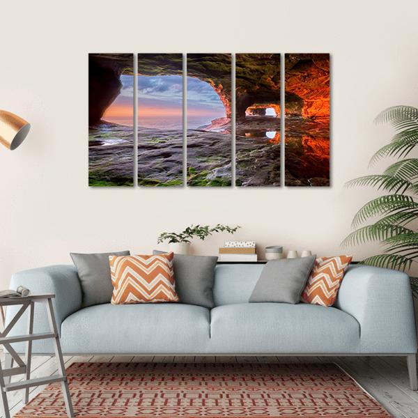 Sea Cave Radiate A Red From The Sun Setting Canvas Wall Art-5 Horizontal-Gallery Wrap-22" x 12"-Tiaracle