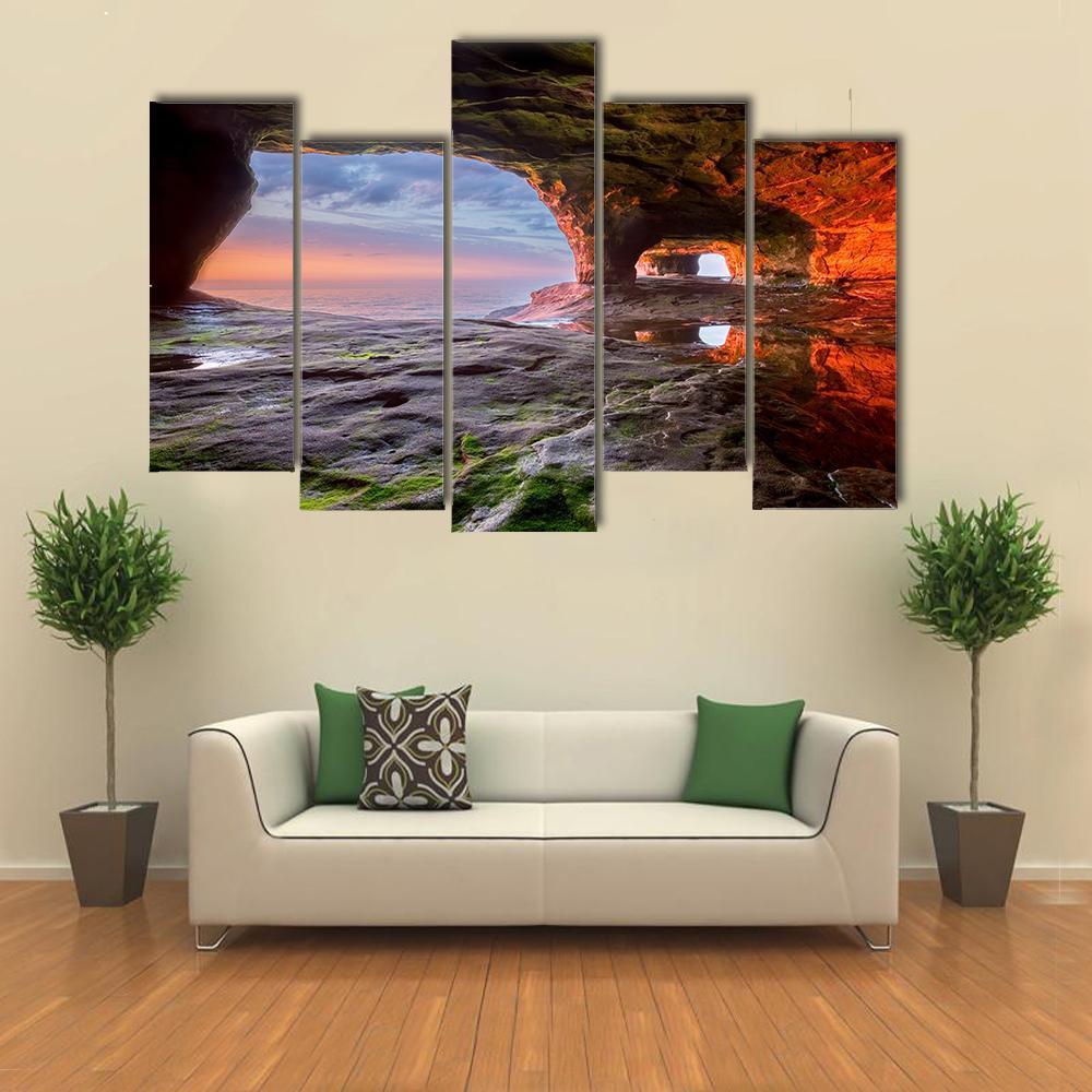 Sea Cave Radiate A Red From The Sun Setting Canvas Wall Art-5 Pop-Gallery Wrap-47" x 32"-Tiaracle