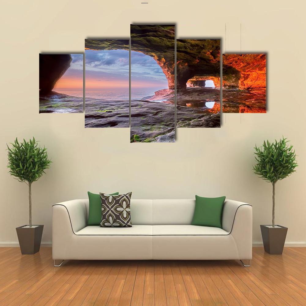 Sea Cave Radiate A Red From The Sun Setting Canvas Wall Art-5 Star-Gallery Wrap-62" x 32"-Tiaracle