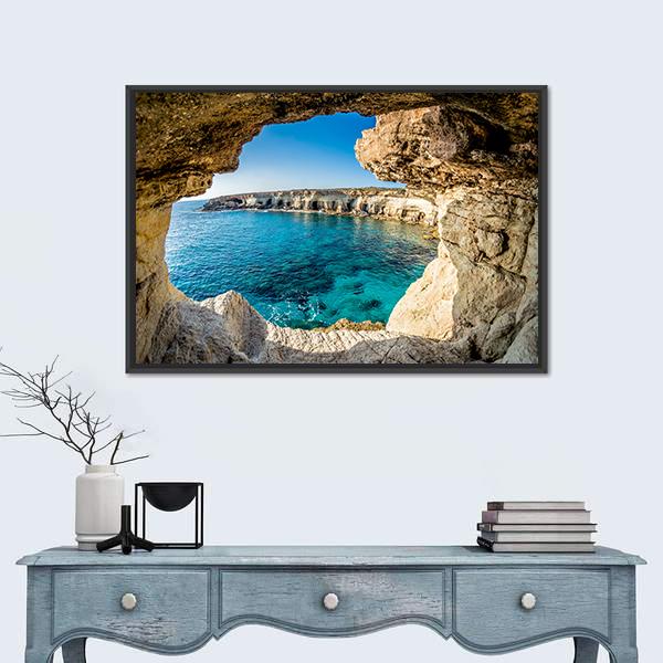 Sea Caves Near Ayia Napa In Cyprus Canvas Wall Art-1 Piece-Floating Frame-24" x 16"-Tiaracle