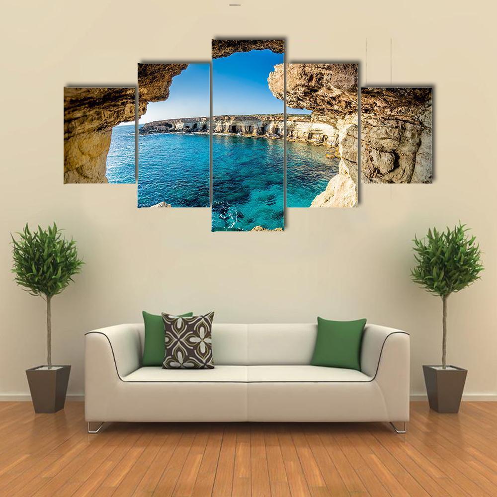 Sea Caves Near Ayia Napa In Cyprus Canvas Wall Art-5 Star-Gallery Wrap-62" x 32"-Tiaracle