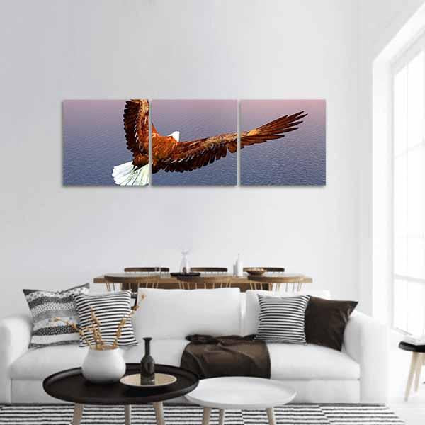 Bald Eagle Over Rippling Water Panoramic Canvas Wall Art in brown, blue and purple, hung on a wall