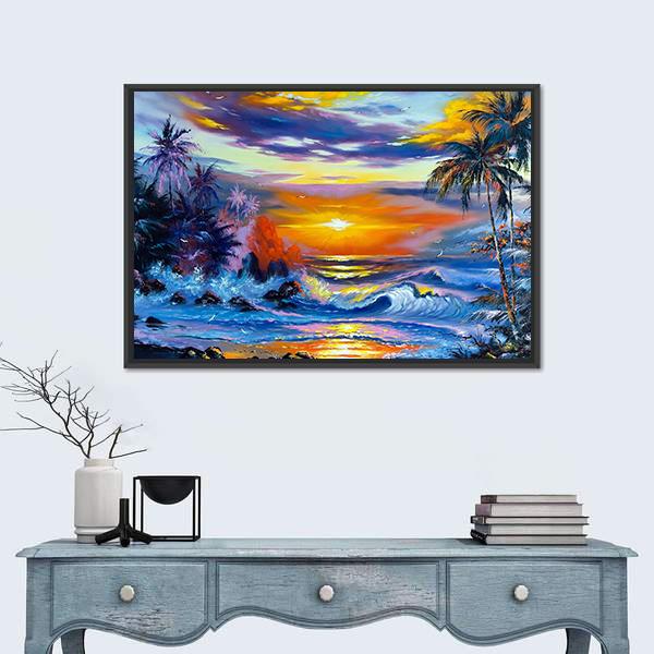 Sea Evening Landscape Canvas Wall Art-1 Piece-Floating Frame-24" x 16"-Tiaracle