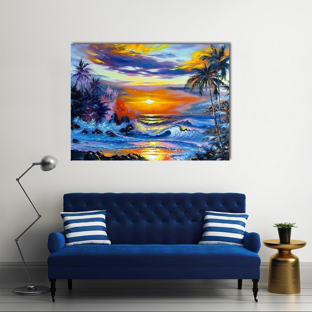 Tropical Sunset Over Rocky Shore Canvas Wall Art in orange, blue and purple, single panel hung on a wall