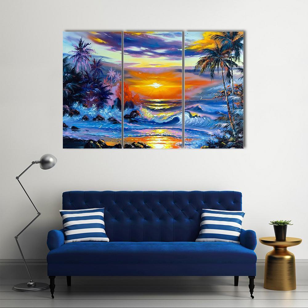 Sea Evening Landscape Canvas Wall Art-3 Horizontal-Gallery Wrap-37" x 24"-Tiaracle