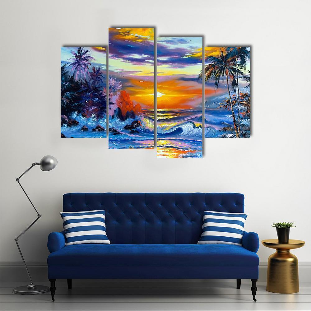 Sea Evening Landscape Canvas Wall Art-4 Pop-Gallery Wrap-50" x 32"-Tiaracle