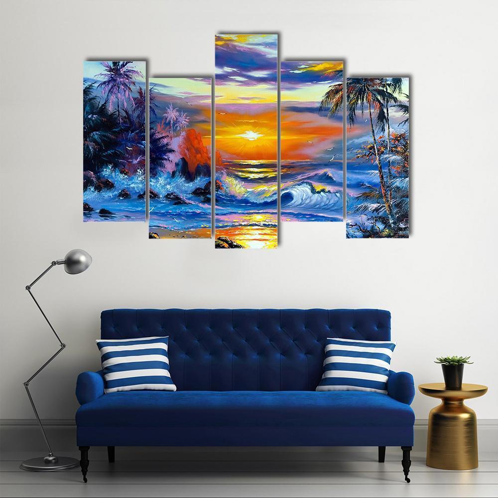 Sea Evening Landscape Canvas Wall Art-5 Pop-Gallery Wrap-47" x 32"-Tiaracle