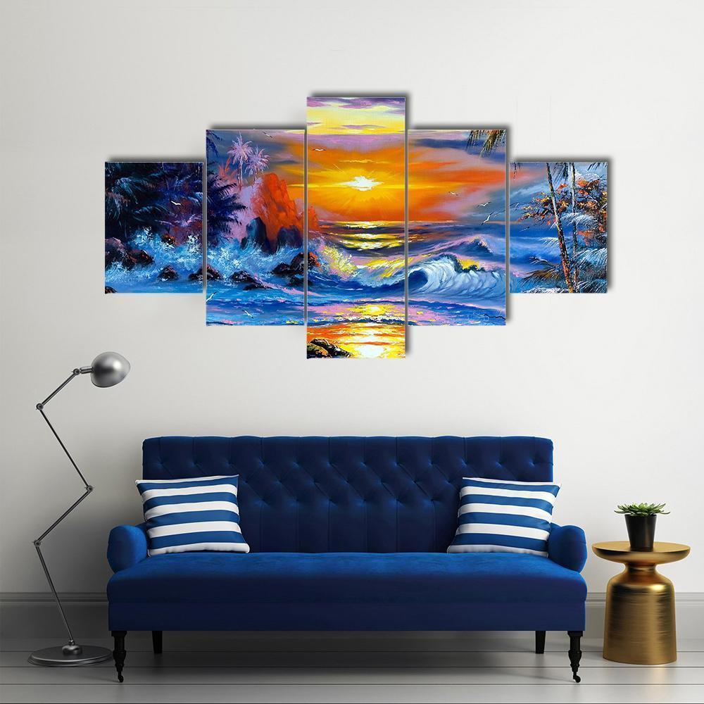 Sea Evening Landscape Canvas Wall Art-5 Star-Gallery Wrap-62" x 32"-Tiaracle
