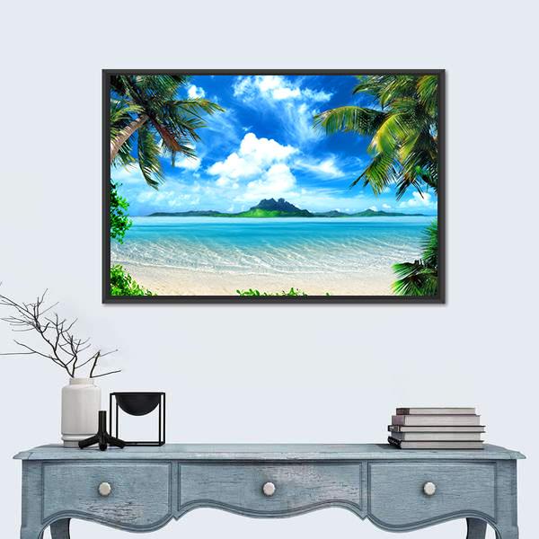 Sea from Tropical Coast Canvas Wall Art in white, green and blue, framed canvas, product view on a white background