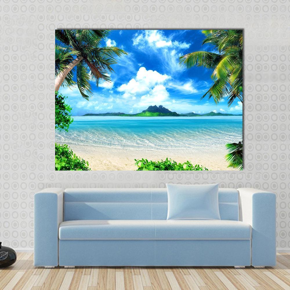 Sea from Tropical Coast Canvas Wall Art in white, green and blue, single panel hung on a wall