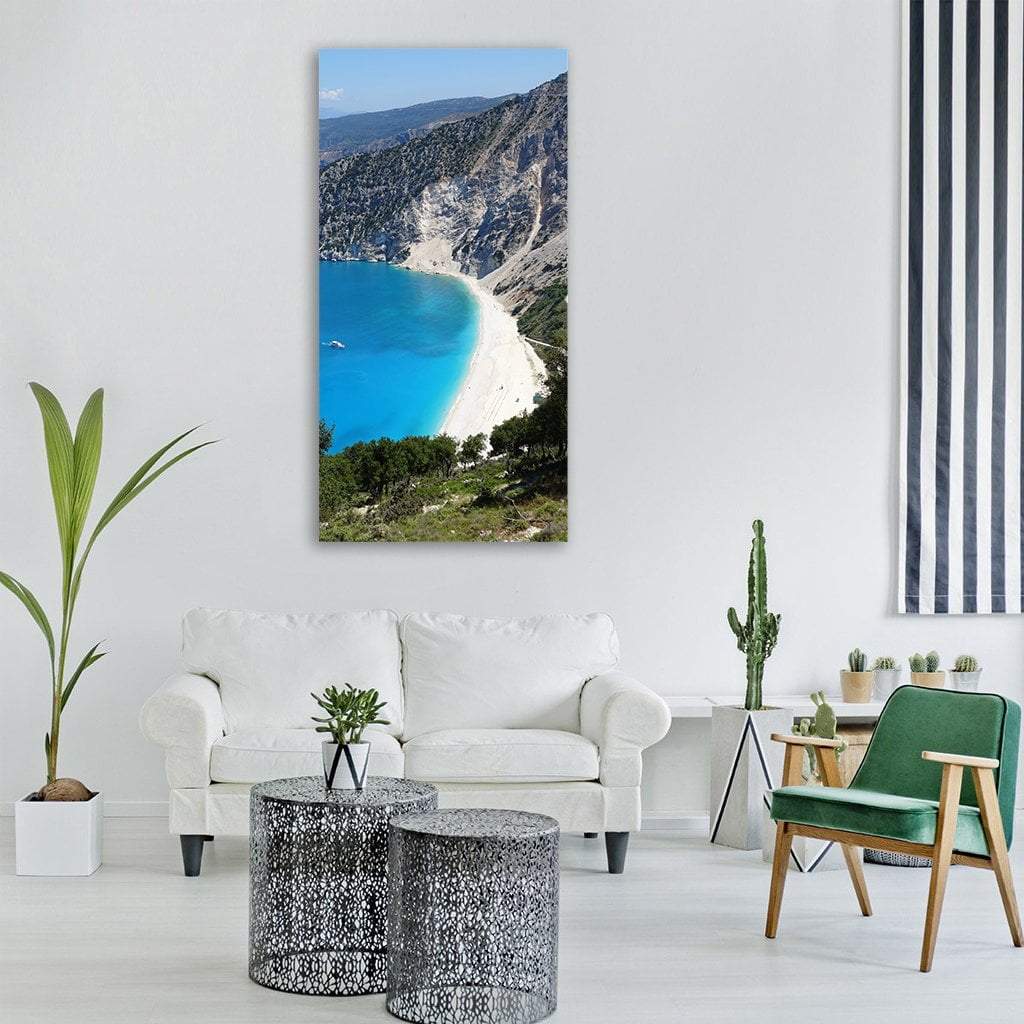 Crescent Cove White Sand Beach Vertical Canvas Wall Art in white, gray and blue, single vertical panel hung on a wall