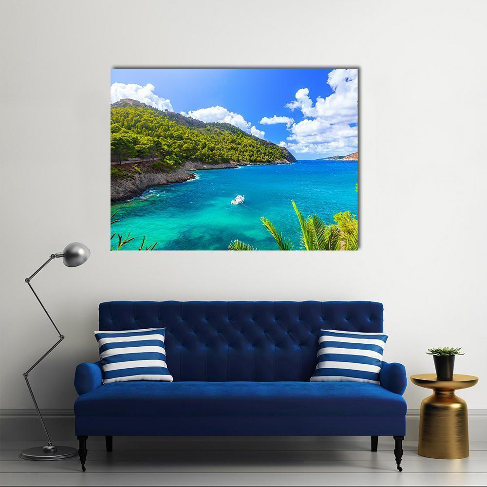 Kefalonia Sea Landscape Canvas Wall Art in green and blue, single panel hung on a wall