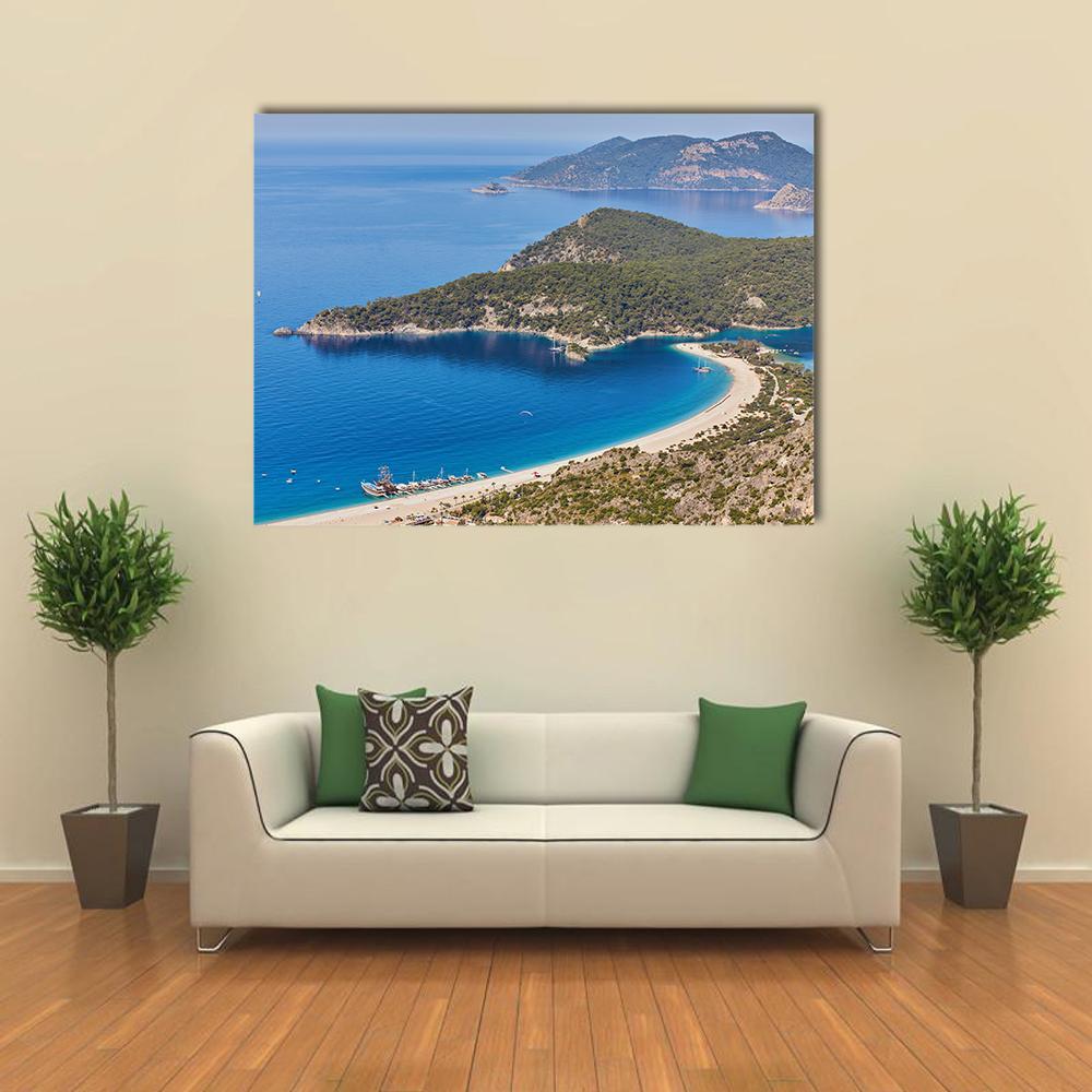 Aerial View of Turquoise Bay and White Sand Canvas Wall Art in beige, green and blue, single panel hung on a wall