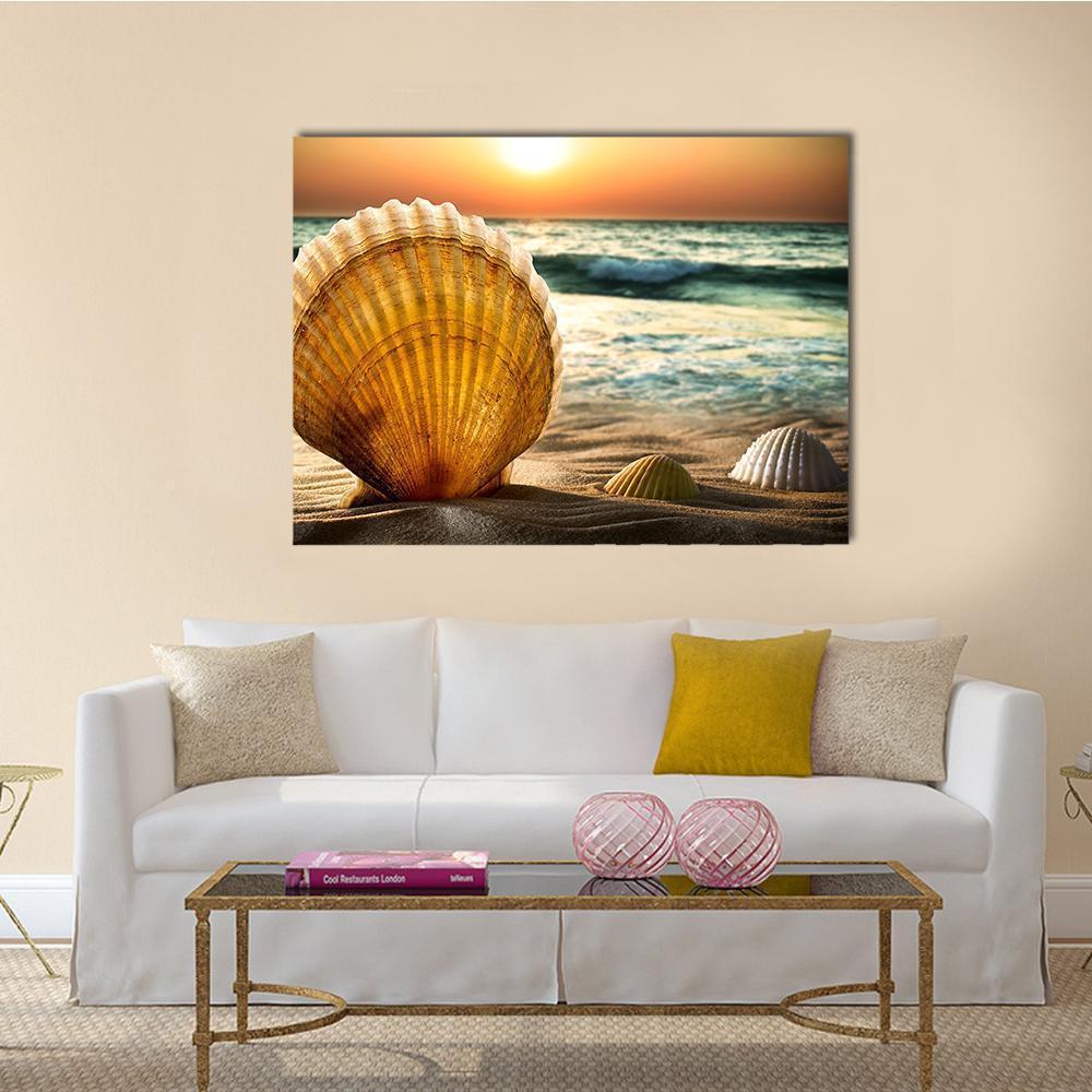 Scallop Shell on Golden Sunset Sand Canvas Wall Art in gold, orange and yellow, single panel hung on a wall